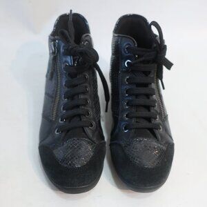 Womens Geox Myria Black Suede Faux Snakeskin Zip Lace-Up High-Top Sneakers 8
